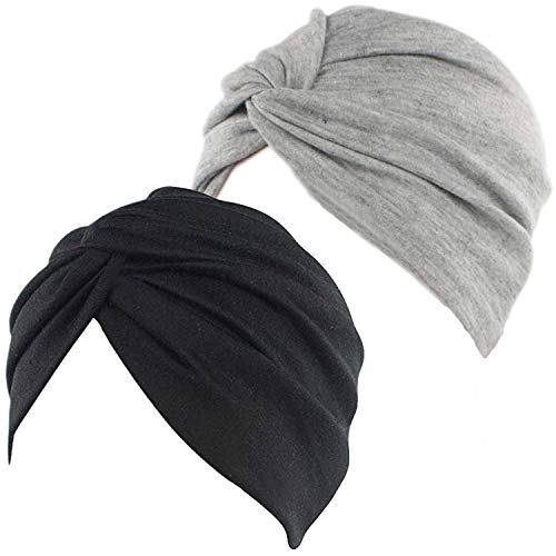 beifon 2 Stück Beanie Mütze Turban Damen Aus Baumwolle Elastisches Printed Schlafmütze Turban Kappe Hut Kopftuch für Chemo Haarverlust Krebs Cancer Haarausfall Muslim (Schwarz+Grau) von beifon