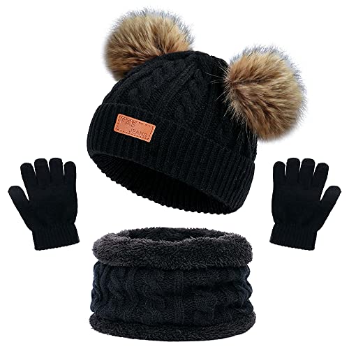 beifon Kinder Wintermütze Schal Handschuhe Mädchen Set Kindermütze Strickmütze Kinder Mütze Schal Set Mütze Jungen Warme Winter Beanie Hut Handschuhe runder Schal Set für Kinder 3-8 Jahre von beifon