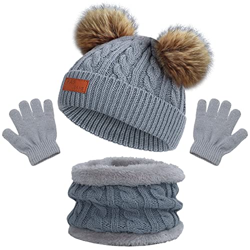 beifon Kinder Wintermütze Schal Handschuhe Mädchen Set Kindermütze Strickmütze Kinder Mütze Schal Set Mütze Jungen Warme Winter Beanie Hut Handschuhe runder Schal Set für Kinder 3-8 Jahre von beifon