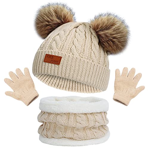 beifon Kinder Wintermütze Schal Handschuhe Mädchen Set Kindermütze Strickmütze Kinder Mütze Schal Set Mütze Jungen Warme Winter Beanie Hut Handschuhe runder Schal Set für Kinder 3-8 Jahre von beifon