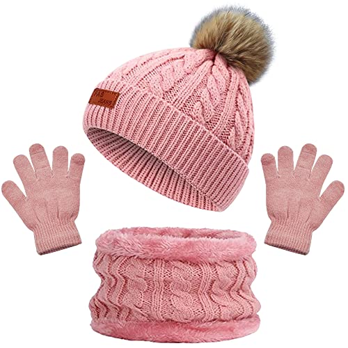 beifon Kinder Wintermütze Schal Handschuhe Mädchen Set Kindermütze Strickmütze Kinder Mütze Schal Set Mütze Jungen Warme Winter Beanie Hut Handschuhe runder Schal Set für Kinder 3-8 Jahre von beifon