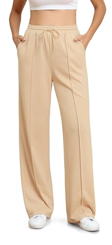 BEIGAI Damen Hose Casual Dehnbar Hohe Taille Weites Bein Hosen Outdoor Jogpants Trainingshose Yogahose mit Taschen,Beige,3XL von BEIGAI