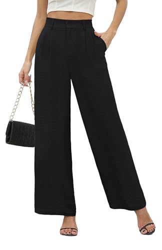 BEIGAI Damen Hosen Sommer Casual High Wasited Weite Hose Elegant Bequem Hose mit Taschen,Schwarz,XL von BEIGAI