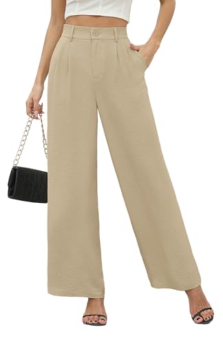 BEIGAI Damen Hosen Sommer Casual High Wasited Weite Hose Elegant Bequem Hose mit Taschen,Hell Aprikose,3XL von BEIGAI