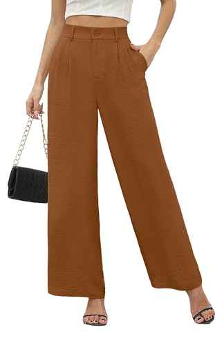 BEIGAI Damen Hosen Sommer Casual High Wasited Weite Hose Elegant Bequem Hose mit Taschen,Hell Kaffee,L von BEIGAI