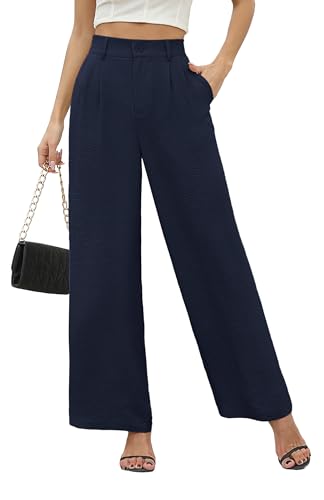 BEIGAI Damen Hosen Sommer Casual High Wasited Weite Hose Elegant Bequem Hose mit Taschen,Marineblau,3XL von BEIGAI