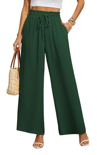 BEIGAI Damen Hosen Weite Lose Gerade Geschnitten Palazzo Hose Hohe Taille Dehnbar Lounge Elegante Hose mit Taschen,Dunkelgrün,2XL von BEIGAI