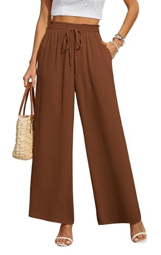 BEIGAI Damen Hosen Weite Lose Gerade Geschnitten Palazzo Hose Hohe Taille Dehnbar Lounge Elegante Hose mit Taschen,Kaffee,2XL von BEIGAI