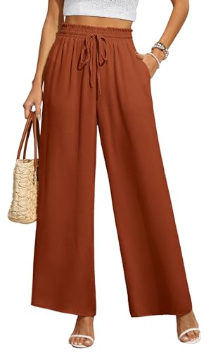 BEIGAI Damen Hosen Weite Lose Gerade Geschnitten Palazzo Hose Hohe Taille Dehnbar Lounge Elegante Hose mit Taschen,Karamel,3XL von BEIGAI