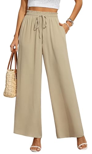 BEIGAI Damen Hosen Weite Lose Gerade Geschnitten Palazzo Hose Hohe Taille Dehnbar Lounge Elegante Hose mit Taschen,Khaki,2XL von BEIGAI