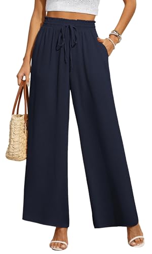 BEIGAI Damen Hosen Weite Lose Gerade Geschnitten Palazzo Hose Hohe Taille Dehnbar Lounge Elegante Hose mit Taschen,Marineblau,2XL von BEIGAI