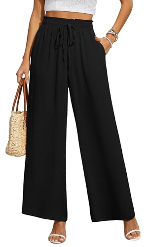 BEIGAI Damen Hosen Weite Lose Gerade Geschnitten Palazzo Hose Hohe Taille Dehnbar Lounge Elegante Hose mit Taschen,Schwarz,2XL von BEIGAI