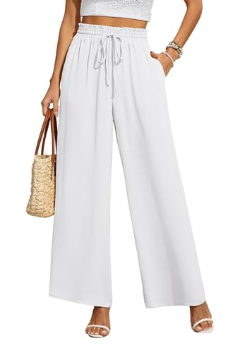 BEIGAI Damen Hosen Weite Lose Gerade Geschnitten Palazzo Hose Hohe Taille Dehnbar Lounge Elegante Hose mit Taschen,Weiß,2XL von BEIGAI