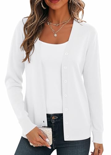 BEIGAI Damen Leichte Strickjacke Langarm Strickpullover mit V-Ausschnitt Vintage Klassische Strickjacke mit Knopf,Reinweiß,M von BEIGAI