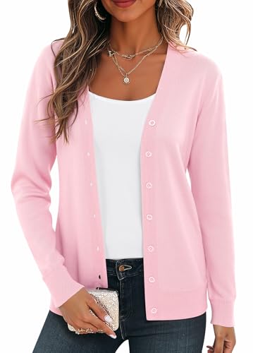 BEIGAI Damen Leichte Strickjacke Langarm Strickpullover mit V-Ausschnitt Vintage Klassische Strickjacke mit Knopf,Rosa,M von BEIGAI