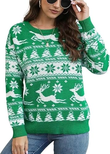 BEIGAI Damen Pullover Herbst Winter Elegante Casual Strickpullover Langarm Rundhals Baggy Sweateshirt Pullover,Weihnachtsbaum Grün,XXL von BEIGAI