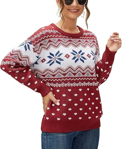 BEIGAI Damen Pullover Herbst Winter Elegante Casual Strickpullover Langarm Rundhals Baggy Sweateshirt Pullover,Weihnachtsbaum Rot,XL von BEIGAI