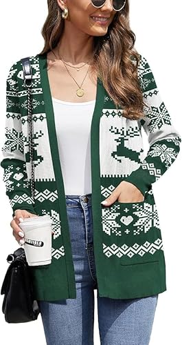 BEIGAI Damen Strickjacke Elegant Casual Leichte Strickpullover Herbst Langärmelige Cardigans mit Taschen,F Weihnachten Grün,XL von BEIGAI