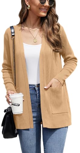 BEIGAI Damen Strickjacke Elegant Casual Leichte Strickpullover Herbst Langärmelige Cardigans mit Taschen,Helles Kamel,M von BEIGAI