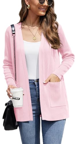 BEIGAI Damen Strickjacke Elegant Casual Leichte Strickpullover Herbst Langärmelige Cardigans mit Taschen,Helles Rosa,S von BEIGAI