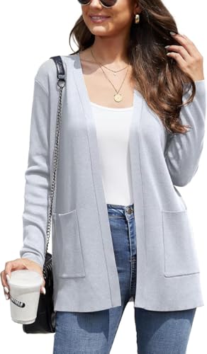 BEIGAI Damen Strickjacke Elegant Casual Leichte Strickpullover Herbst Langärmelige Cardigans mit Taschen,Hellgrau,S von BEIGAI