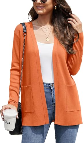 BEIGAI Damen Strickjacke Elegant Casual Leichte Strickpullover Herbst Langärmelige Cardigans mit Taschen,Orange,M von BEIGAI