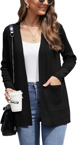 BEIGAI Damen Strickjacke Elegant Casual Leichte Strickpullover Herbst Langärmelige Cardigans mit Taschen,Schwarz,L von BEIGAI