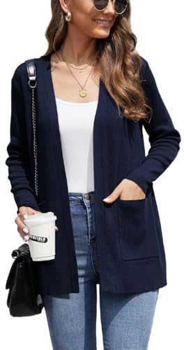 BEIGAI Damen Strickjacke Elegant Casual Leichte Strickpullover Herbst Langärmelige Cardigans mit Taschen,Z Marineblau,M von BEIGAI