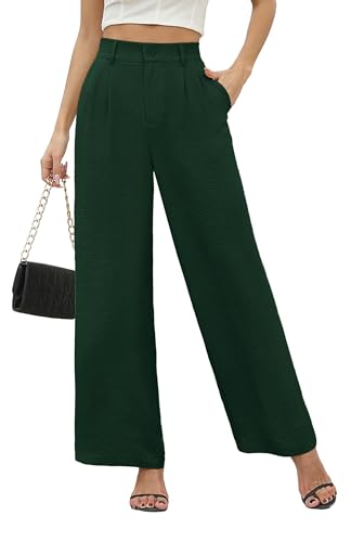 BEIGAI Damen Hosen Sommer Casual High Wasited Weite Hose Elegant Bequem Hose mit Taschen,Dunkel Grün,3XL von BEIGAI