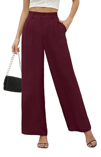 BEIGAI Damen Hosen Sommer Casual High Wasited Weite Hose Elegant Bequem Hose mit Taschen,Weinrot,3XL von BEIGAI