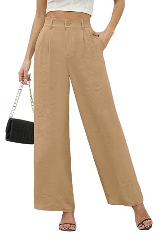 BEIGAI Damen Hosen Sommer Casual High Wasited Weite Hose Elegant Bequem Hose mit Taschen,Aprikose,3XL von BEIGAI