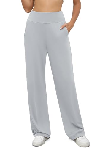 BEIGAI Yoga Hose Damen Palazzo Stretch High Waist Sporthose Casual Lockere Jogginghose Trainingshose Gym Workout Hosen mit Taschen,Grau,L von BEIGAI