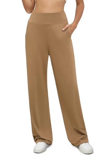 BEIGAI Yoga Hose Damen Palazzo Stretch High Waist Sporthose Casual Lockere Jogginghose Trainingshose Gym Workout Hosen mit Taschen,Helles Kaffee,XXL von BEIGAI