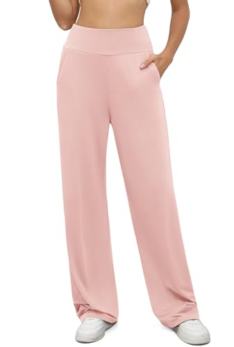 BEIGAI Yoga Hose Damen Palazzo Stretch High Waist Sporthose Casual Lockere Jogginghose Trainingshose Gym Workout Hosen mit Taschen,Rosa,L von BEIGAI