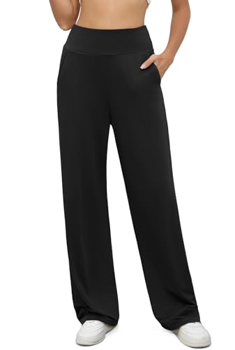 BEIGAI Yoga Hose Damen Palazzo Stretch High Waist Sporthose Casual Lockere Jogginghose Trainingshose Gym Workout Hosen mit Taschen,Schwarz,L von BEIGAI