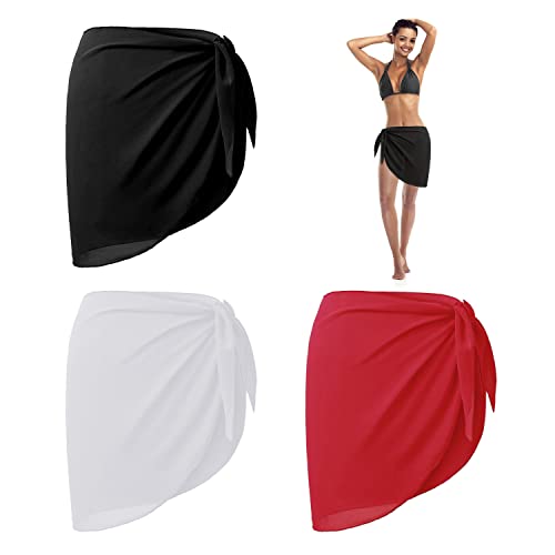 3 Strand Wickelschürzen, Sonnenschal Chiffon Wickelkleid 140 x 50 cm Chiffon Badeanzug Damen Mädchen (Schwarz Weiß Rot) von BEIIEB