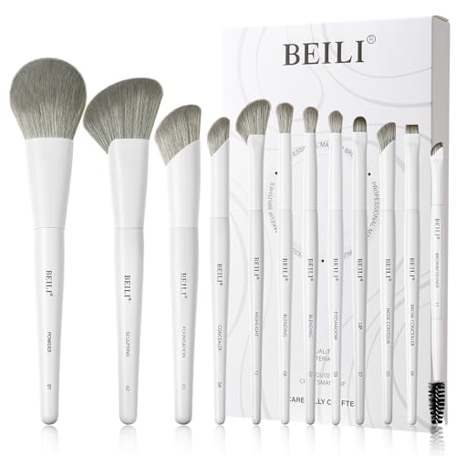 BEILI Pinselset Makeup Weiß Make Up Pinsel Set, 12 Veganes Make up Pinsel für Puder Grundierung, Concealer, Augenbrauen, Lidschatten, Kontur, Eyeliner, Blender Augenpinsel (White) von BEILI