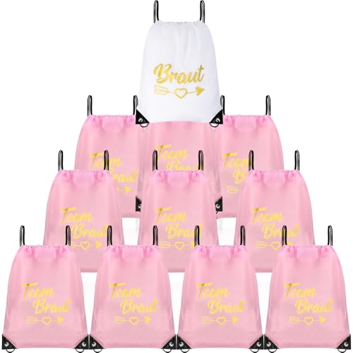 11 Stück Junggesellenabschied Frauen Team Bride Turnbeutel mit Kordelzug JGA Frauen Turnbeutel Damen Team Bride Rucksack Set Braut Tasche Team Braut für Verlobung JGA Hochzeit Rosa Weiß von BEIMEIII