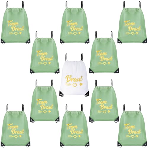 11 Stück Team Braut Turnbeutel Jga Frauen Junggesellenabschied Tasche Jga Turnbeutel Set Bride Rucksack für Verlobung JGA Hochzeit Weiß Grün von BEIMEIII