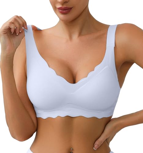 BEINF BH Damen Drahtlose Nahtlose ohne Bügel Unterstützung Weicher V-Ausschnitt Push Up Alltags BHS Vollständige Abdeckung Floralen Druck Bralettes Verstellbare T Shirt BH Blau M von BEINF