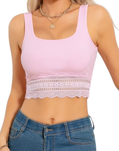 BEINF Crop Tops Damen Sexy Sommer Tanktops Frauen Quadratischer Ausschnitt Tank Top Splicing Spitzen Rippenstrick Ärmellos Slim Fit Basis Camisole Shirt Rosa M von BEINF