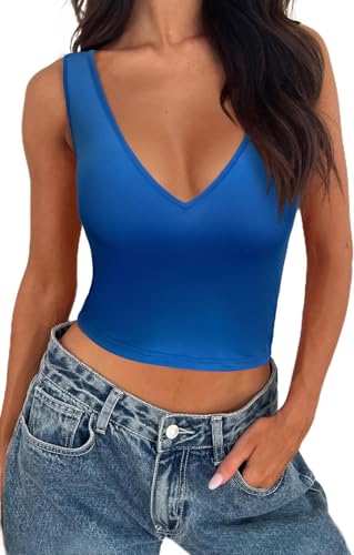 BEINF Damen Crop Tops Sexy Tiefer V Ausschnitt Nahtlose Ärmellose Slim Fit Trendiges Y2K Korset Tank Tops Basic Ausgehen Tops T-Shirts Blau L von BEINF