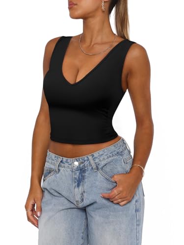 BEINF Damen Crop Tops Sexy Tiefer V Ausschnitt Nahtlose Ärmellose Slim Fit Trendiges Y2K Korset Tank Tops Basic Ausgehen Tops T-Shirts Schwarz XXL von BEINF
