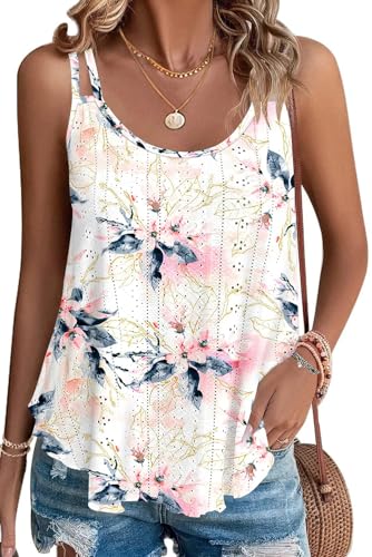 BEINF Damen Tank Top Sommer Ösenstickerei Ärmellose Westen Lose Passform Rundhalsausschnitt Shirt Blusen Tops Cami Spaghetti Träger Camisole Rosa Weiß Blume S von BEINF