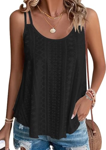 BEINF Damen Tank Top Sommer Ösenstickerei Ärmellose Westen Lose Passform Rundhalsausschnitt Shirt Blusen Tops Cami Spaghetti Träger Camisole Schwarz S von BEINF