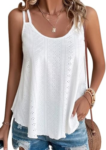 BEINF Damen Tank Top Sommer Ösenstickerei Ärmellose Westen Lose Passform Rundhalsausschnitt Shirt Blusen Tops Cami Spaghetti Träger Camisole Weiß XXL von BEINF