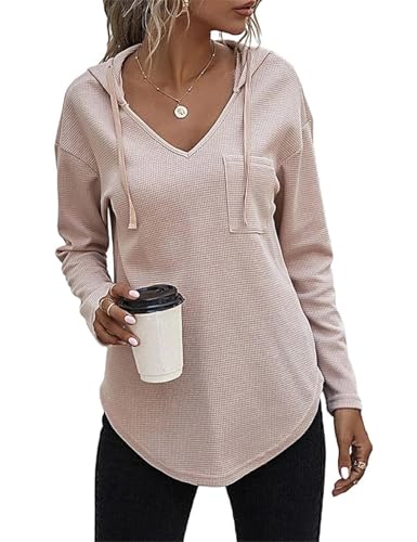 BEINF Pullover Damen Hoodie V-Ausschnitt Sweatshirt Kapuzenpullover Waffelmuster Langarm Drawstring Top Schnürung Casual Sweatshirts mit Tasche von BEINF