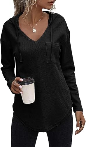 BEINF Pullover Damen Hoodie V-Ausschnitt Sweatshirt Kapuzenpullover Waffelmuster Langarm Drawstring Top Schnürung Casual Sweatshirts mit Tasche von BEINF
