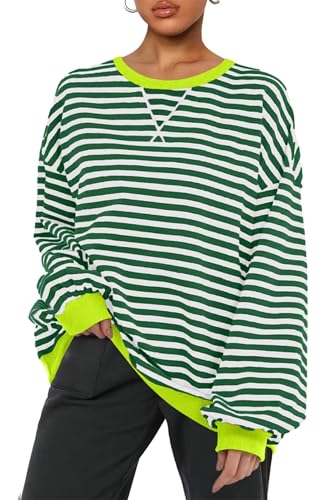 BEINF Sweatshirt Damen Gestreifte Pullover Oversized Langarmshirt Laternen Ärmel Rundhal Kapuzen Beiläufige Locker 2024 Fallen Pullover Y2K Shirt Tops Grün S von BEINF