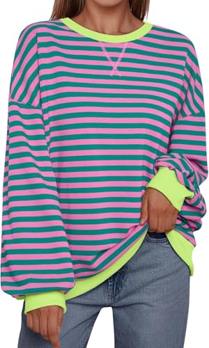 BEINF Sweatshirt Damen Gestreifte Pullover Oversized Langarmshirt Laternen Ärmel Rundhal Kapuzen Beiläufige Locker 2024 Fallen Pullover Y2K Shirt Tops Rosa L von BEINF